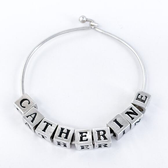 Vintage Sterling Silver 925 Catherine Name Cube Charm Bangle Bracelet 7" - Picture 2 of 10